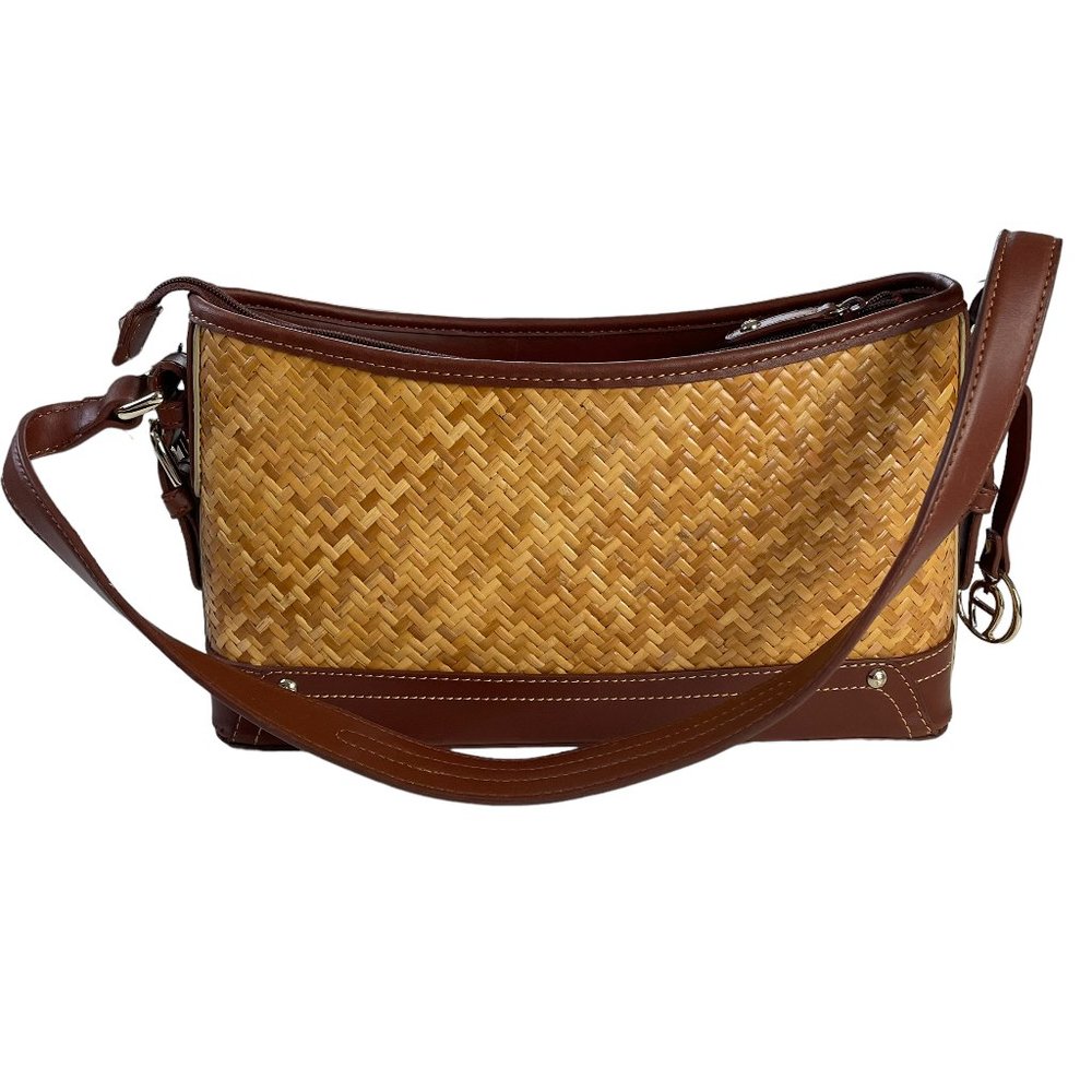 ETIENNE Ratten Hand Bag Faux Leather Trim Strap Center Zipper Pocket Two Pouches